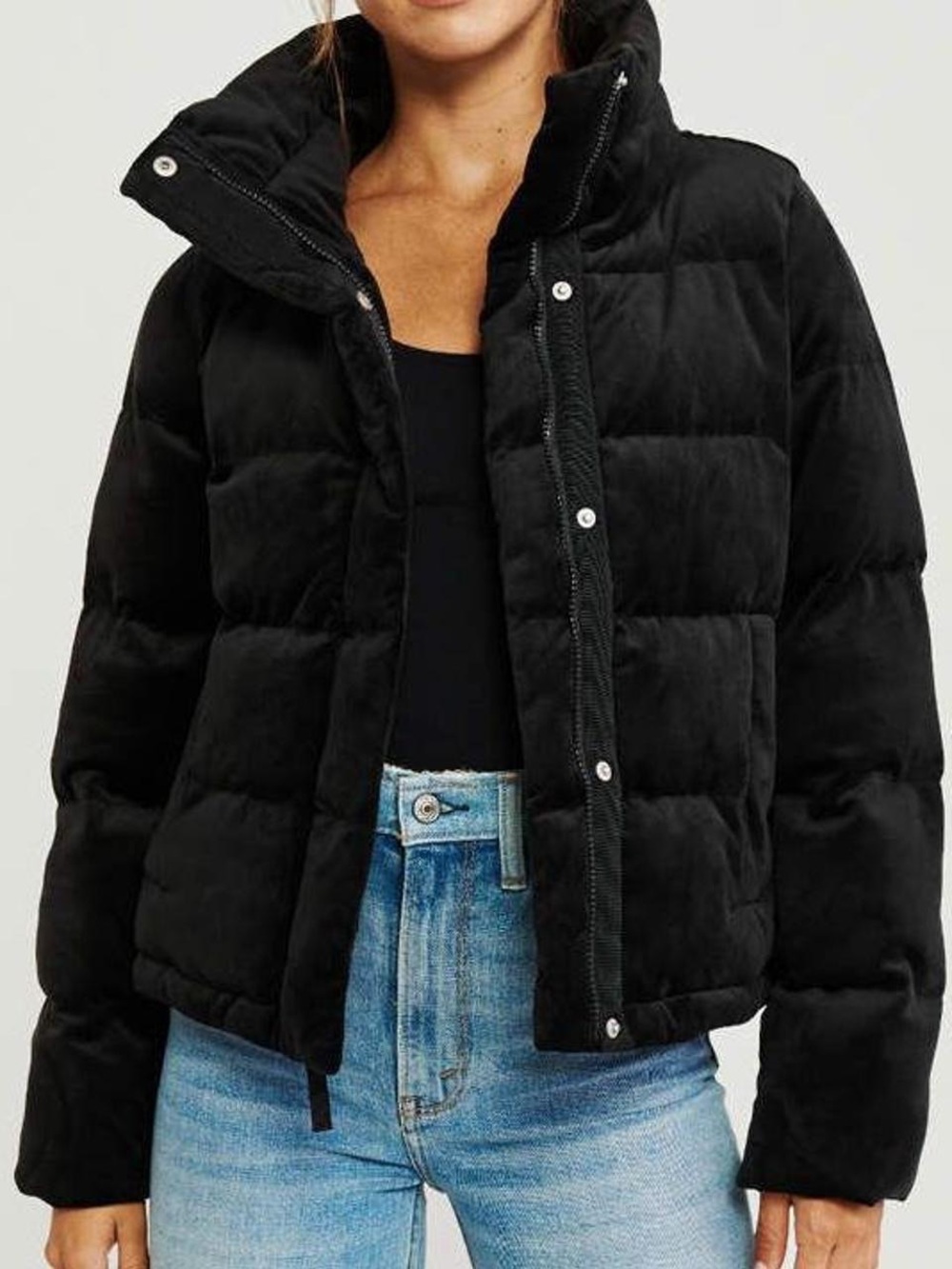 Abercrombie Mini Black Velvet Puffer Jacket - Women's Quilted Coat